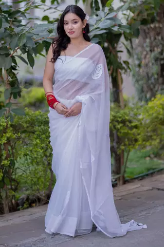 White kota doria saree with white applique work