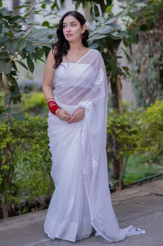 White kota doria saree with white applique work