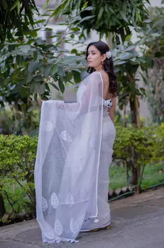 White kota doria saree with white applique work