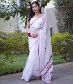 White kota doria applique saree with red ajrakh border
