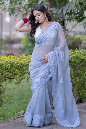 Grey kota doria saree with grey applique work