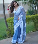 Grey kota doria saree with white applique work