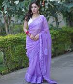 Purple kota doria saree with same applique work