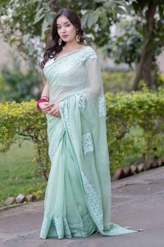 Light green kota doria saree with same applique work