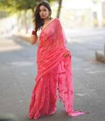 Dark pink kota doria saree with same applique work