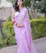 Light pink kota doria saree with same applique work
