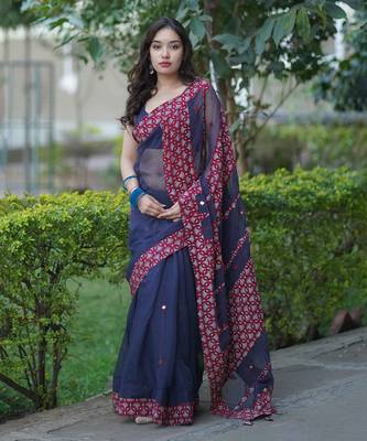 Blue kota doria saree with maroon ajrakh applique work 1