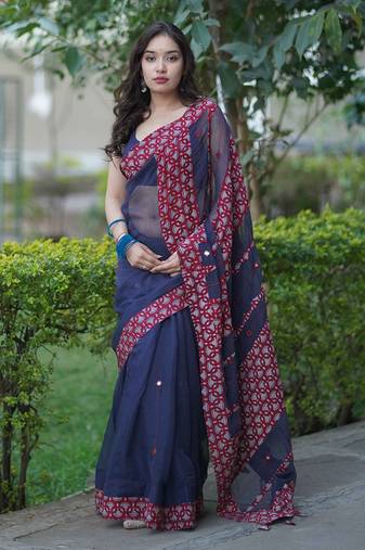 Blue kota doria saree with maroon ajrakh applique work