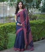Blue kota doria saree with maroon ajrakh applique work