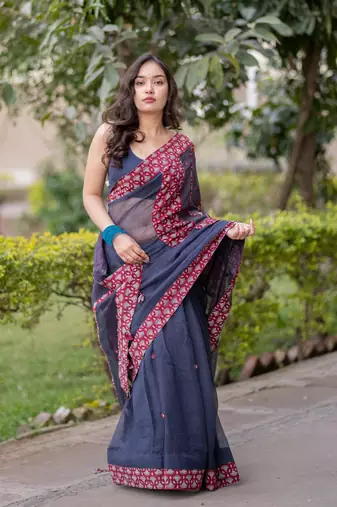 Blue kota doria saree with maroon ajrakh applique work