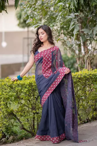 Blue kota doria saree with maroon ajrakh applique work