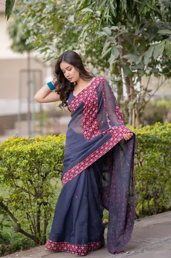 Blue kota doria saree with maroon ajrakh applique work