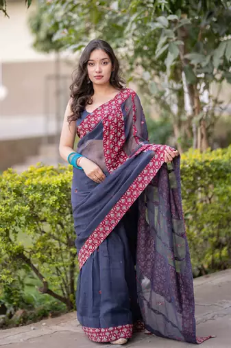 Blue kota doria saree with maroon ajrakh applique work