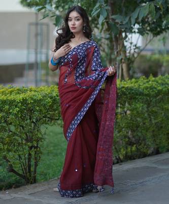 Maroon kota doria saree with blue ajrakh applique border and work on pallu 1