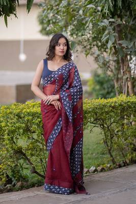 Maroon kota doria saree with blue ajrakh applique border and work on pallu 2