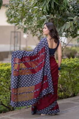 Maroon kota doria saree with blue ajrakh applique border and work on pallu 3