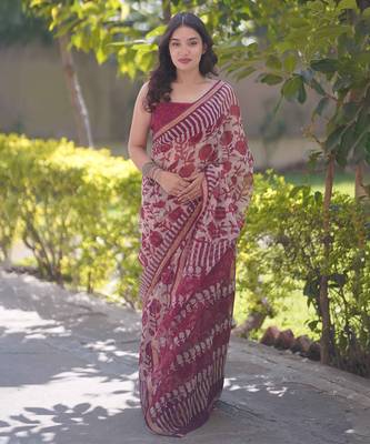 White/maroon floral block printed saree 1
