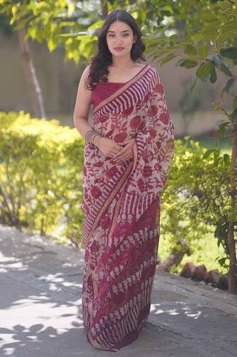 White/maroon floral block printed saree