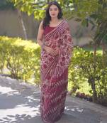 White/maroon floral block printed saree