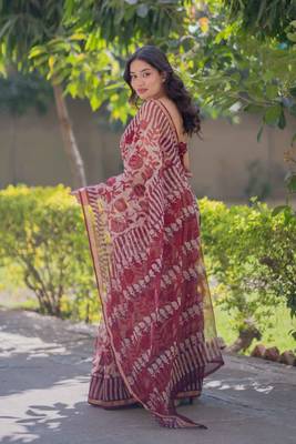 White/maroon floral block printed saree 2