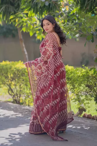 White/maroon floral block printed saree