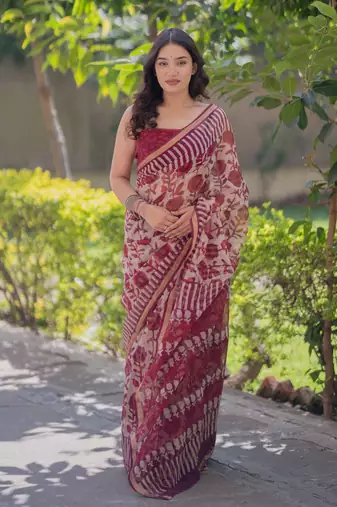 White/maroon floral block printed saree