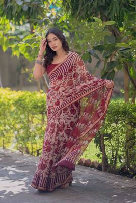 White/maroon floral block printed saree 4