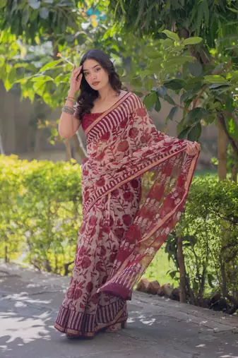 White/maroon floral block printed saree