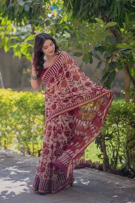 White/maroon floral block printed saree 5