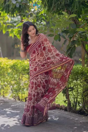 White/maroon floral block printed saree