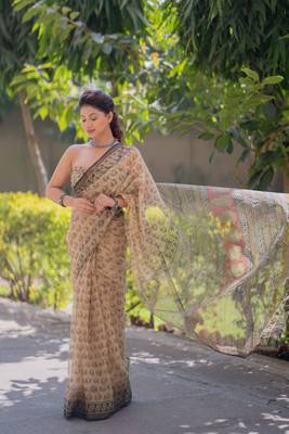 Cream kota doria saree with elephant block print 3
