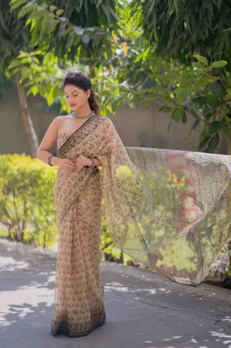 Cream kota doria saree with elephant block print