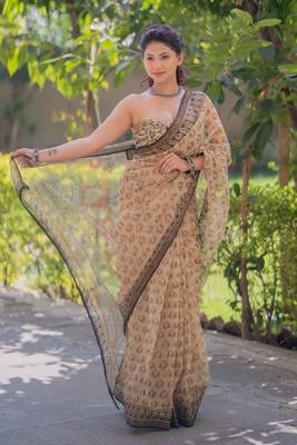 Cream kota doria saree with elephant block print 1