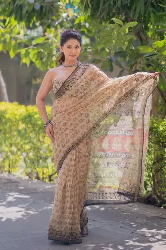 Cream kota doria saree with elephant block print