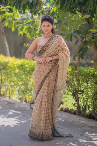 Cream kota doria saree with elephant block print