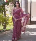 Maroon kota doria saree with white floral block print