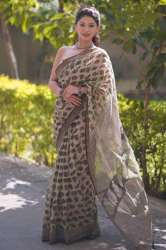 Cream kota doria saree with green elephant block print