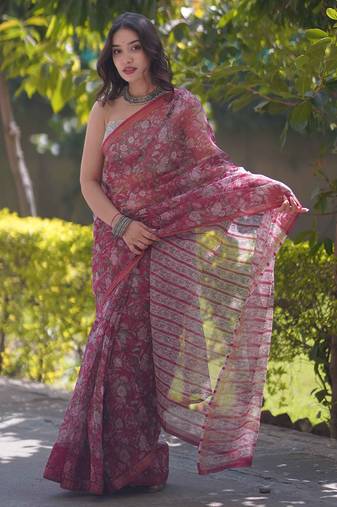 Maroon kota doria saree with floral prints