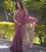 Maroon kota doria saree with floral prints