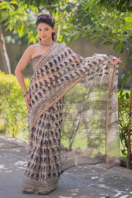 Cream kota doria saree with black buti print 4