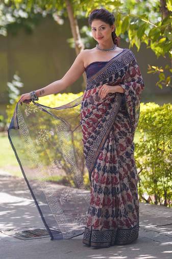 White kota doria saree with red and blue block print
