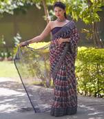 White kota doria saree with red and blue block print