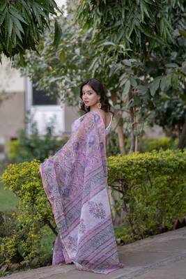 Light pink kota doria saree with floral print 2