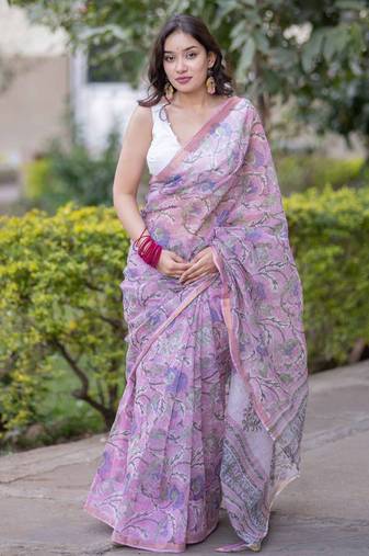 Light pink kota doria saree with floral print