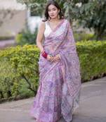 Light pink kota doria saree with floral print