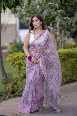 Light pink kota doria saree with floral print 4
