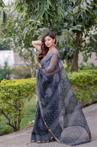Black kota doria saree with tree block print