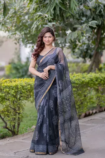 Black kota doria saree with tree block print