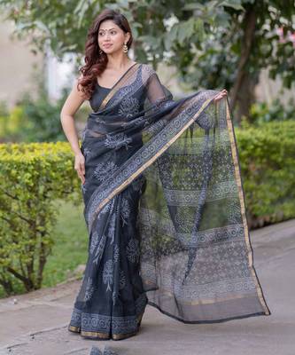 Black kota doria saree with tree block print 1
