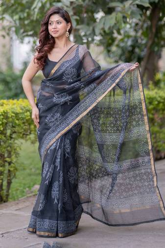Black kota doria saree with tree block print